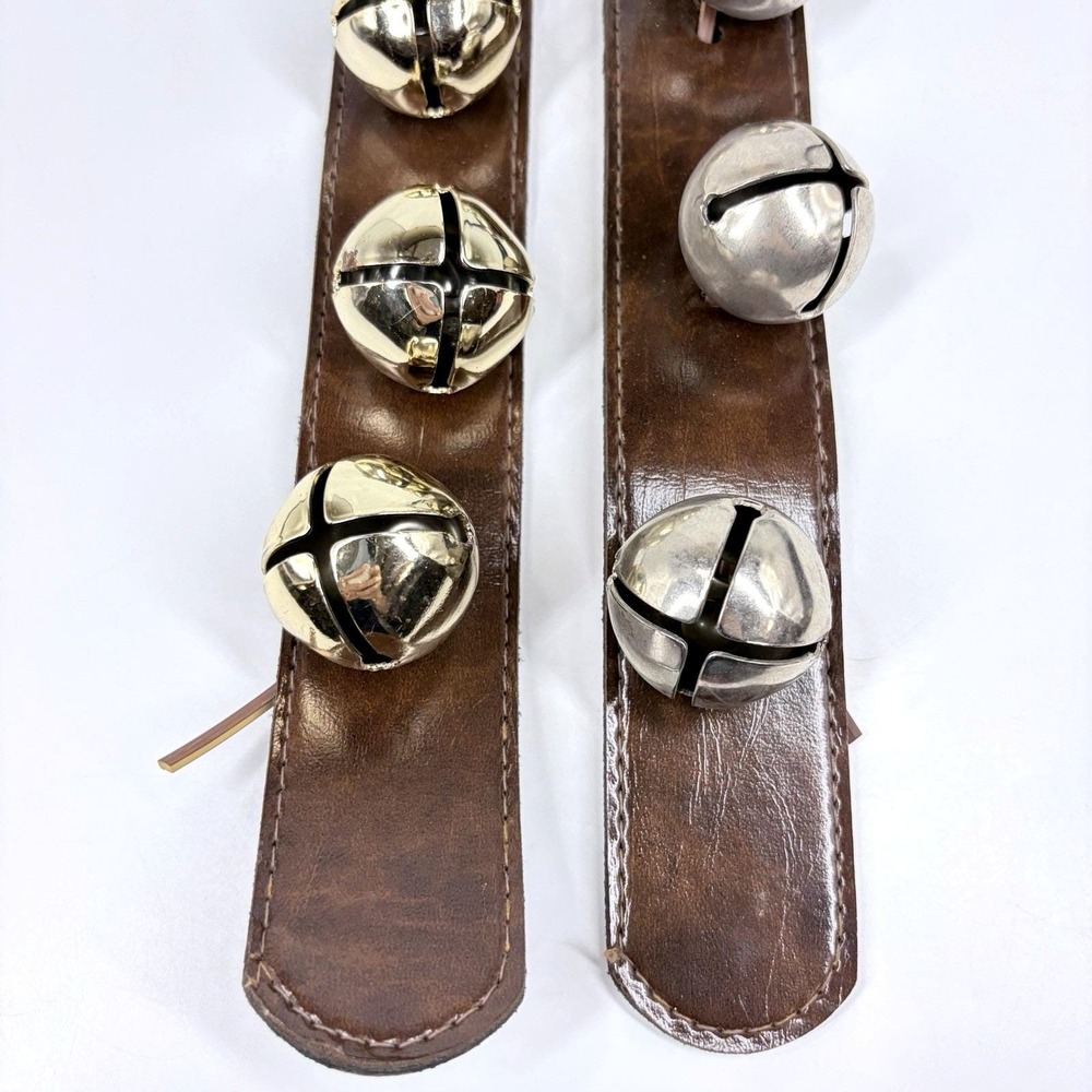 Vintage Sleigh Bells Brown Leather Straps Gold Silver Jingle Bells 2pk - Picture 2 of 10